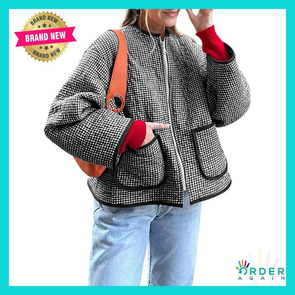 Quilted Plaid Jacket Full Zipper Coat Crew Neck Fall Winter Chic Casual